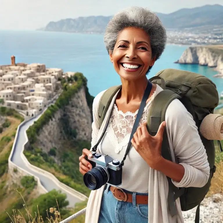 DALL·E 2025 01 31 14.05.09 A joyful African American senior woman in her 60s exploring a scenic destination solo. She is dressed comfortably with a backpack and a camera standi