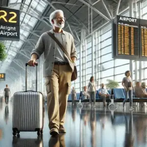 senior man with a suitcase walks confidently through a busy airport, ready for travel.