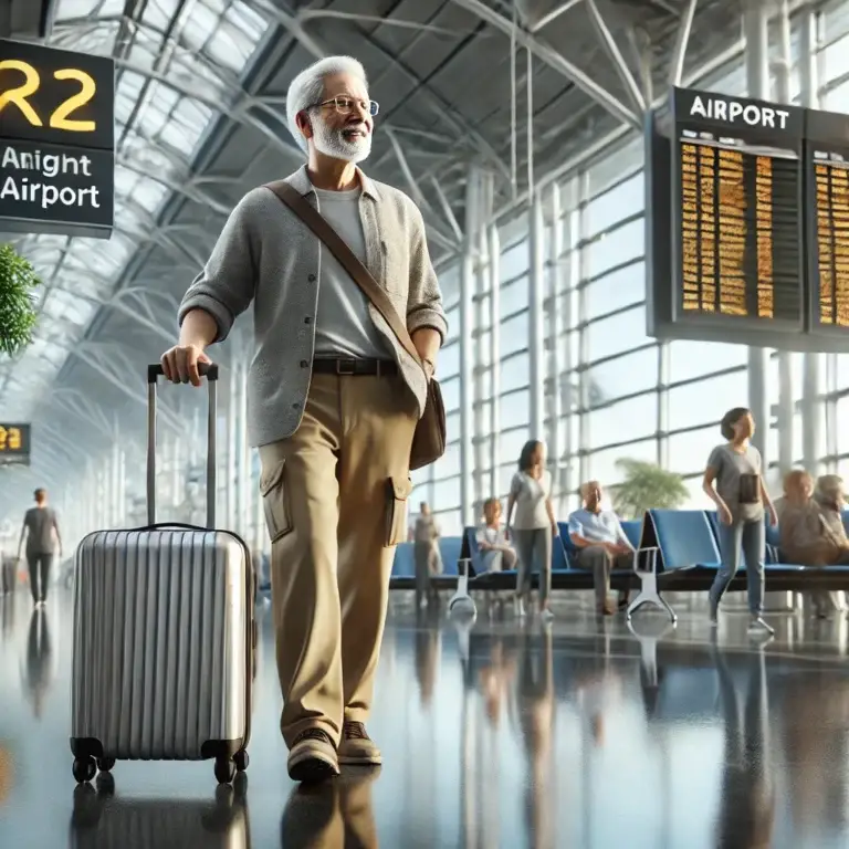 senior man with a suitcase walks confidently through a busy airport, ready for travel.