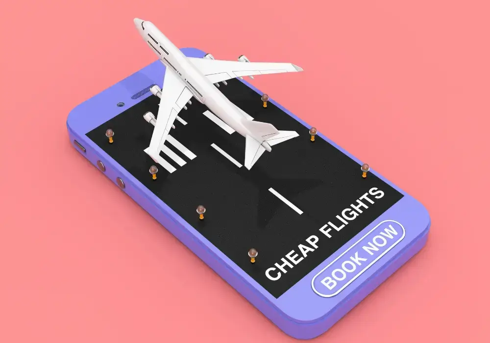 Toy airplane on a smartphone screen displaying "Cheap Flights", highlighting how to Travel for Cheap