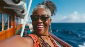 happy senior woman takes a selfie on a cruise ship with the ocean in the background.
