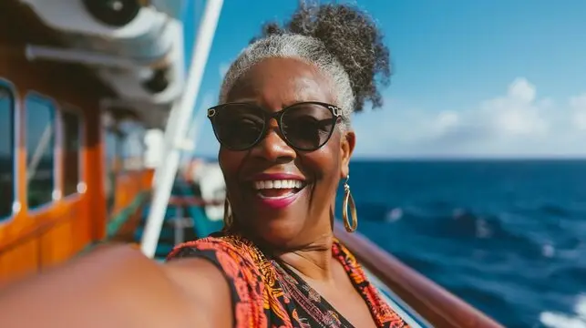 happy senior woman takes a selfie on a cruise ship with the ocean in the background.