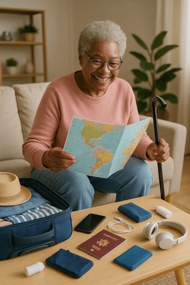 An international travel woman reviewing her map.