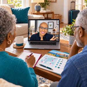 A senior couple reviews a destination report and map at home while taking notes during a video call with Mary.