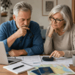 Senior couple reviewing travel and financial documents at a table, planning whether they can afford to move abroad on a fixed income.