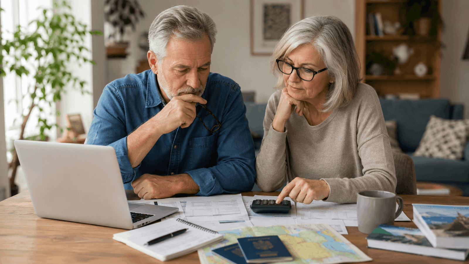 Senior couple reviewing travel and financial documents at a table, planning whether they can afford to move abroad on a fixed income.