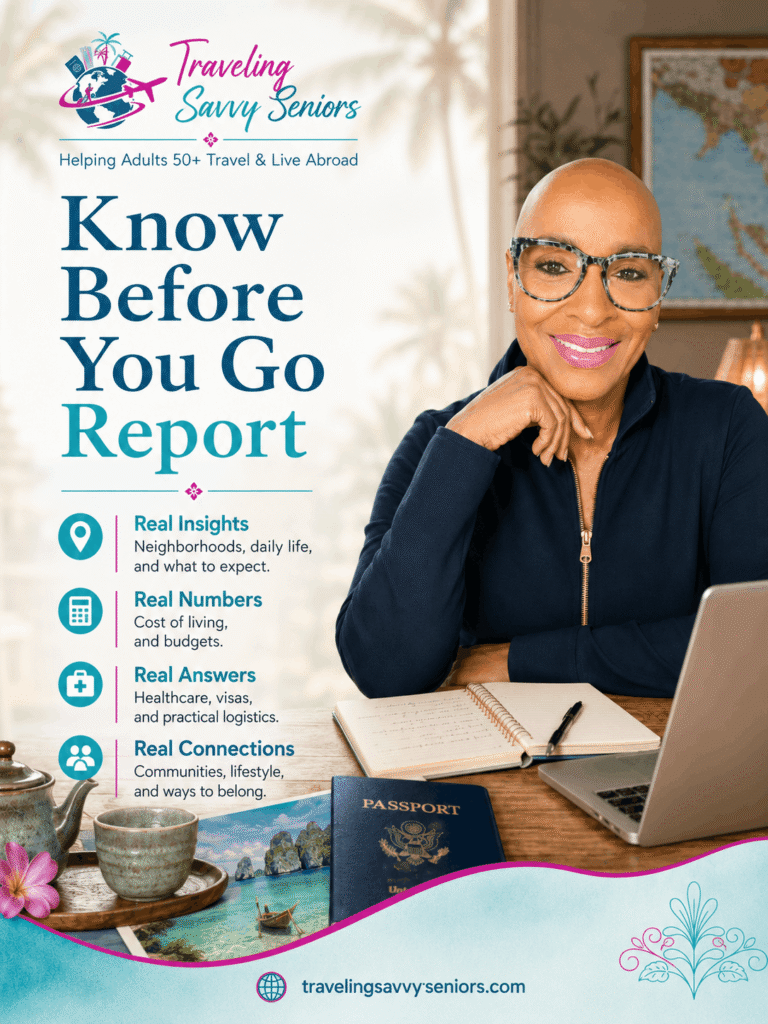 Know Before You Go Report for adults 50+ planning travel or living abroad, with real insights on neighborhoods, budgets, healthcare, visas, and community life.