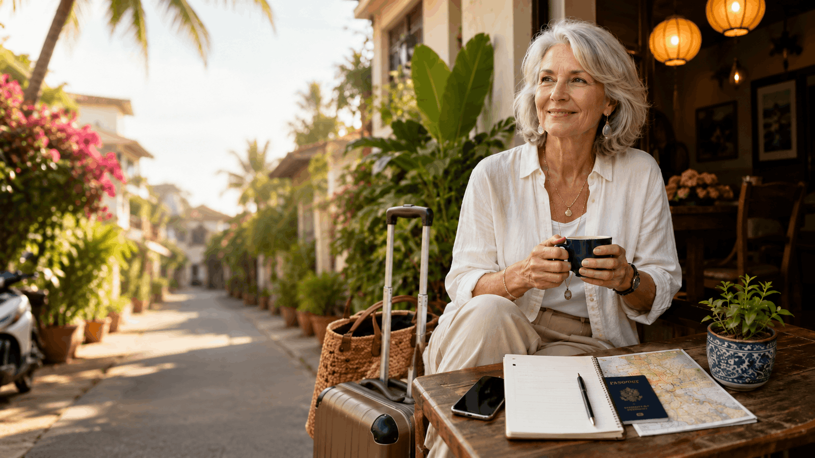 Older woman with suitcase, passport, map, phone, and checklist sitting near a cozy Southeast Asian café for living abroad after 50.