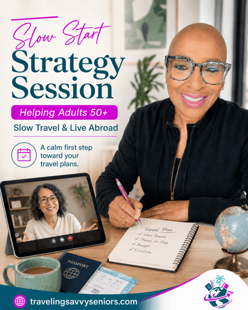 Slow Start Strategy Session with Mary from Traveling Savvy Seniors, helping adults 50+ plan slow travel and living abroad with clarity.