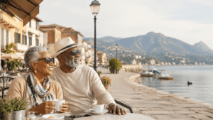 Older adults enjoying slow travel at a scenic waterfront café, representing senior-friendly destinations that fit a comfortable travel pace.