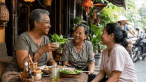 An American senior woman enjoying food and conversation with local women at a street café in Vietnam, illustrating the warm welcome Americans experience in Southeast Asia.