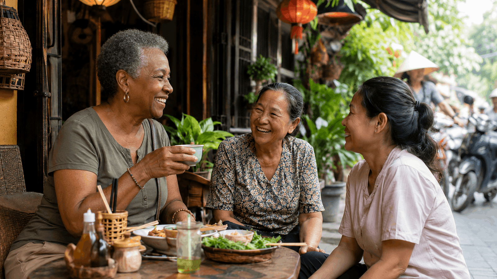An American senior woman enjoying food and conversation with local women at a street café in Vietnam, illustrating the warm welcome Americans experience in Southeast Asia.