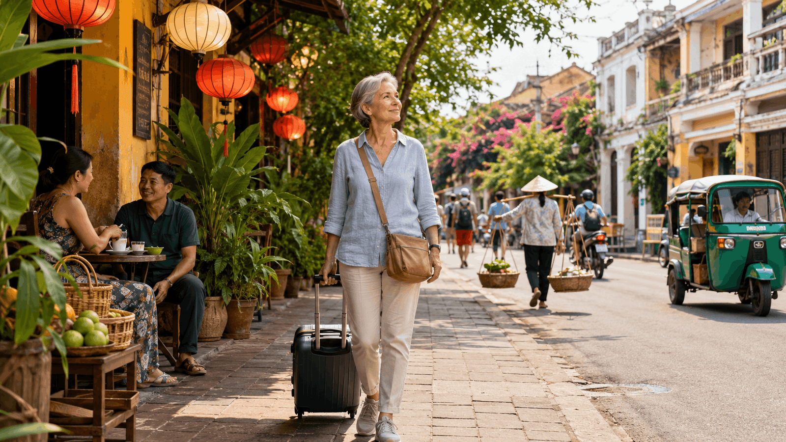 Woman in Southeast Asia 50 with luggage exploring a vibrant Southeast Asia street lined with lanterns, local cafés, and a traditional tuk-tuk