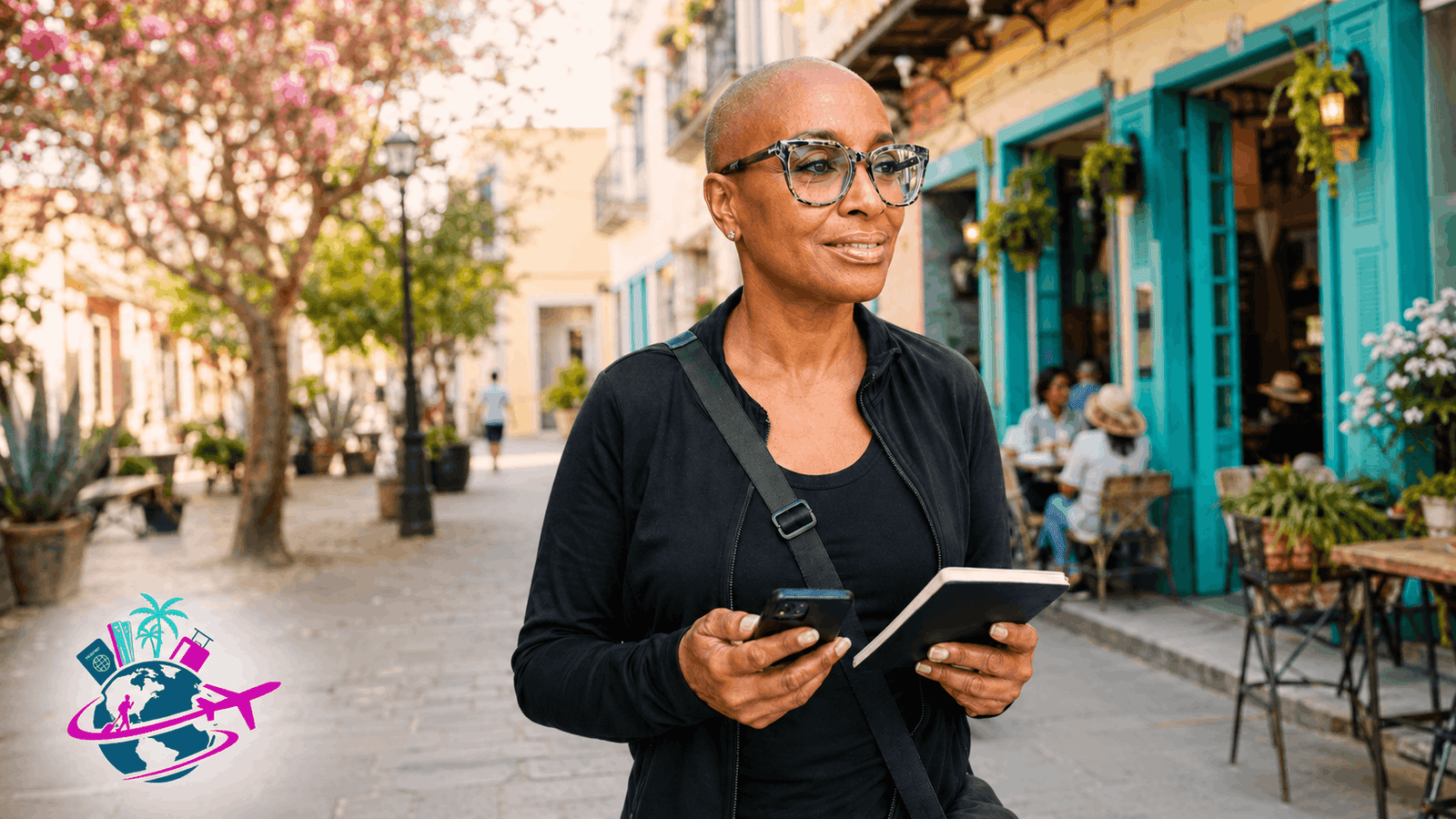 African-American woman over 50 scouting a walkable neighborhood abroad with a phone and notebook, standing near cafes and local shops with the Traveling Savvy Seniors logo in the corner.