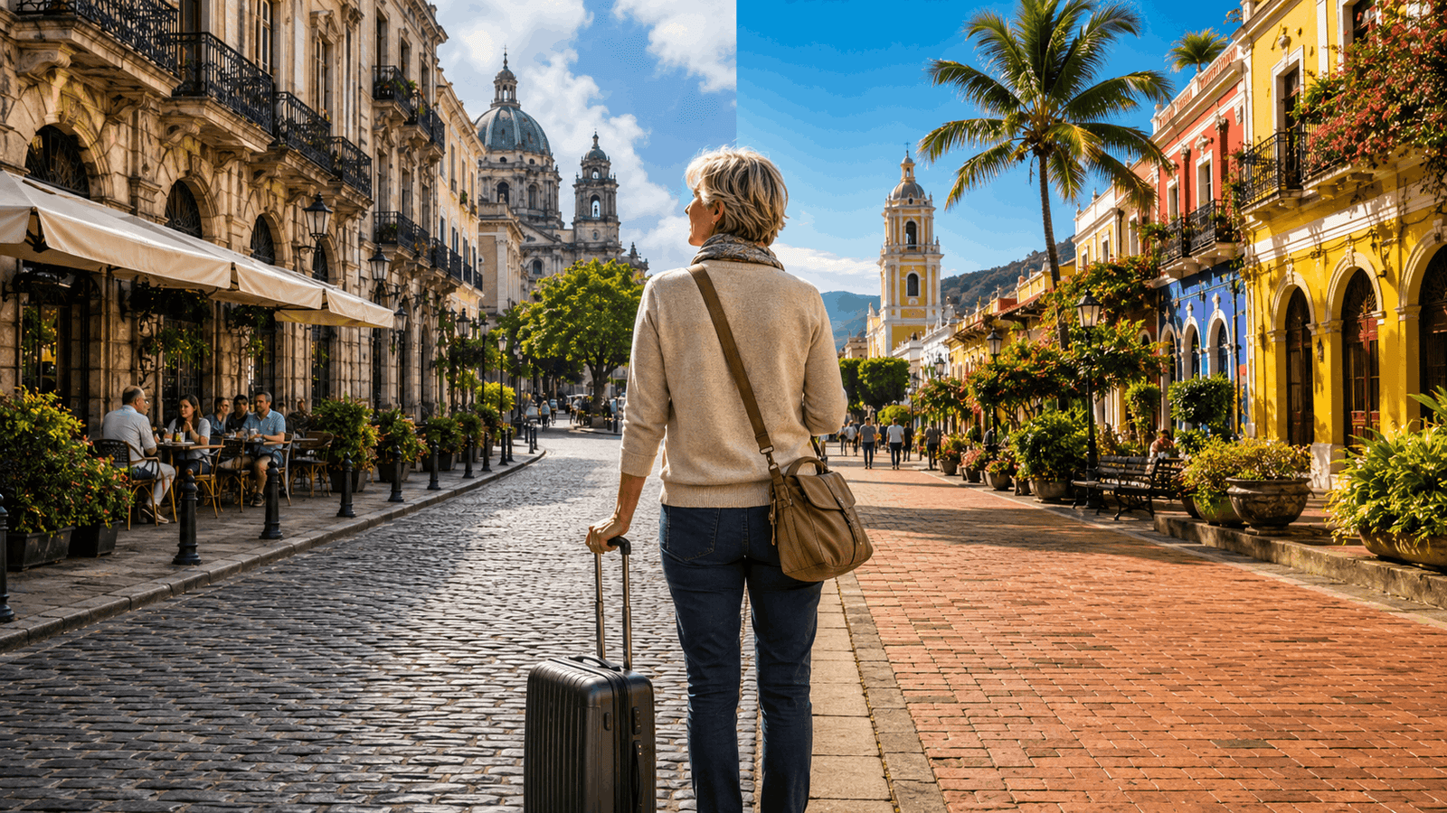 Woman over 50 with luggage standing at a crossroads between a European cobblestone street and a colorful Latin American colonial town