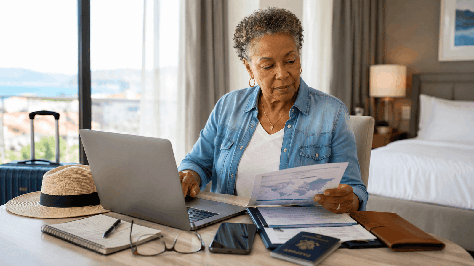 Senior woman researching Medicare coverage abroad and international health insurance while traveling.