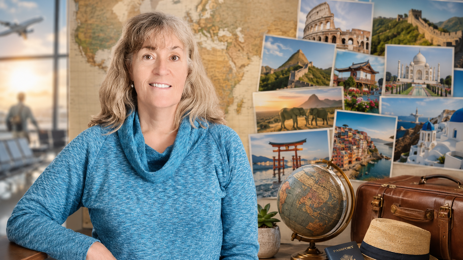 Melissa Jensen smiling in front of a world travel backdrop featuring international landmarks, a globe, passport, suitcase, and airport setting, reflecting her travels to more than 60 countries.
