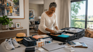 Woman over 50 organizing medication, clothing, documents, and lightweight luggage for several months abroad