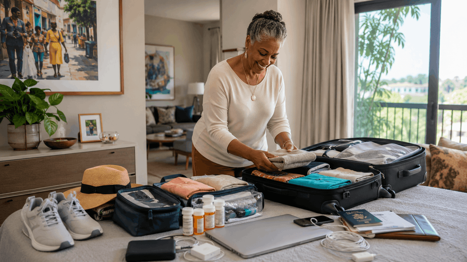 Woman over 50 organizing medication, clothing, documents, and lightweight luggage for several months abroad