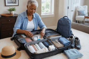 Senior woman organizing clothing, medication, walking shoes, and travel essentials in an open suitcase for months of slow travel abroad.