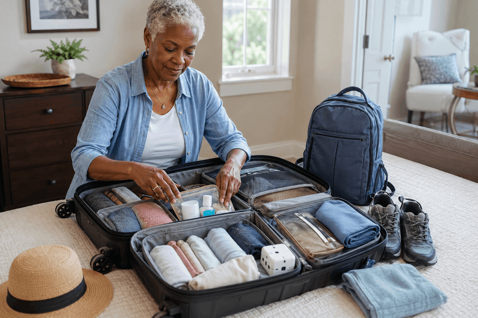 Senior woman organizing clothing, medication, walking shoes, and travel essentials in an open suitcase for months of slow travel abroad.
