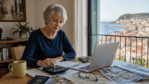 Woman researching how to live abroad on Social Security, with budget calculator and passport.