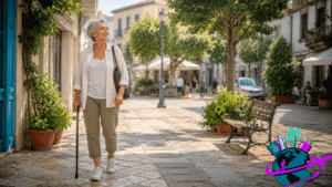 Older woman walking with a cane through a sunny, walkable neighborhood abroad, evaluating the area for comfort and accessibility, with the Traveling Savvy Seniors logo in the lower corner.