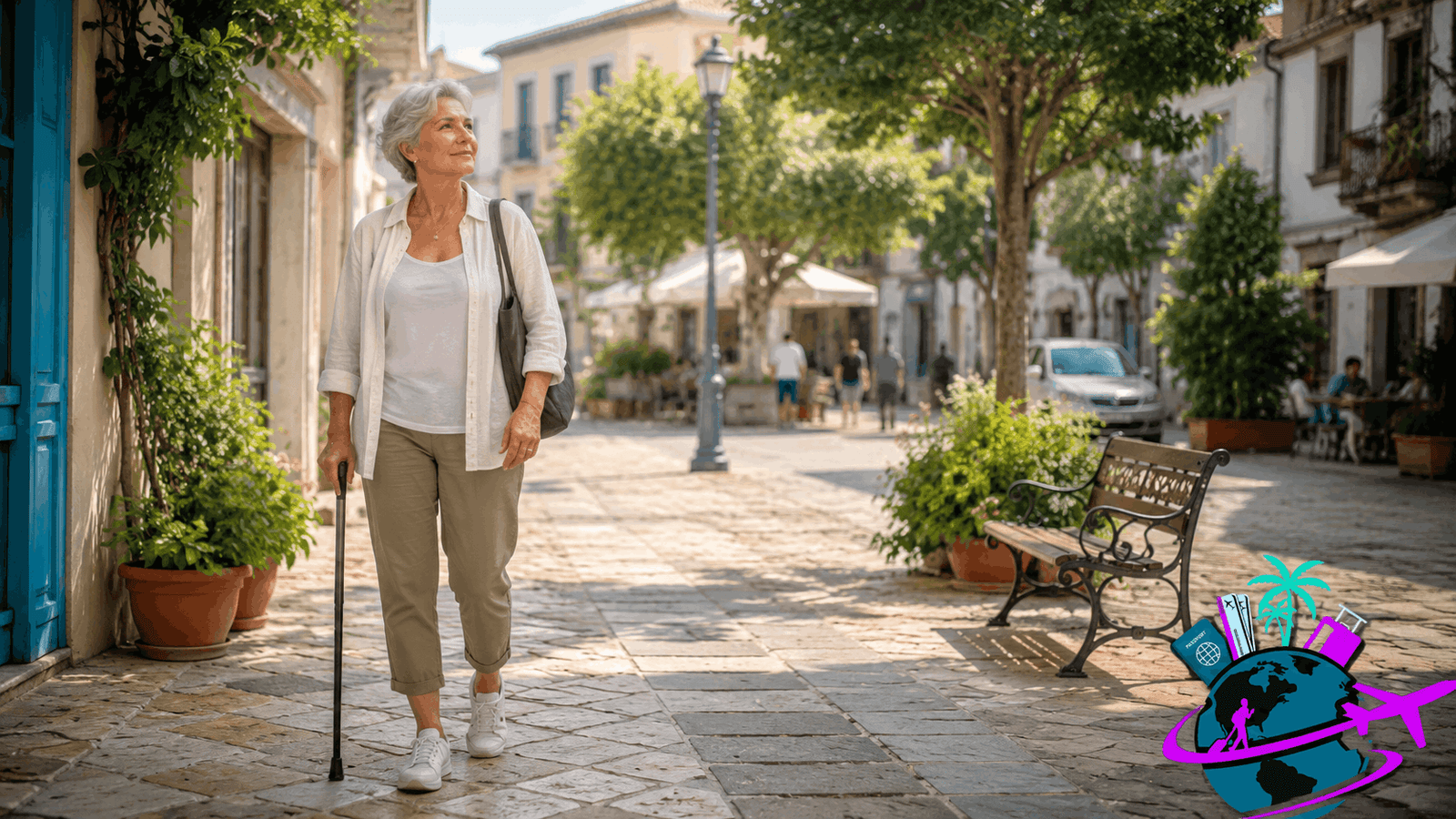 Older woman walking with a cane through a sunny, walkable neighborhood abroad, evaluating the area for comfort and accessibility, with the Traveling Savvy Seniors logo in the lower corner.