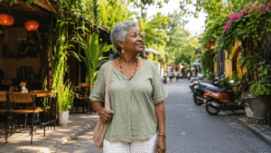 African American senior woman walking along a leafy street in Southeast Asia, with cafes, tropical plants, and motorbikes in the background.