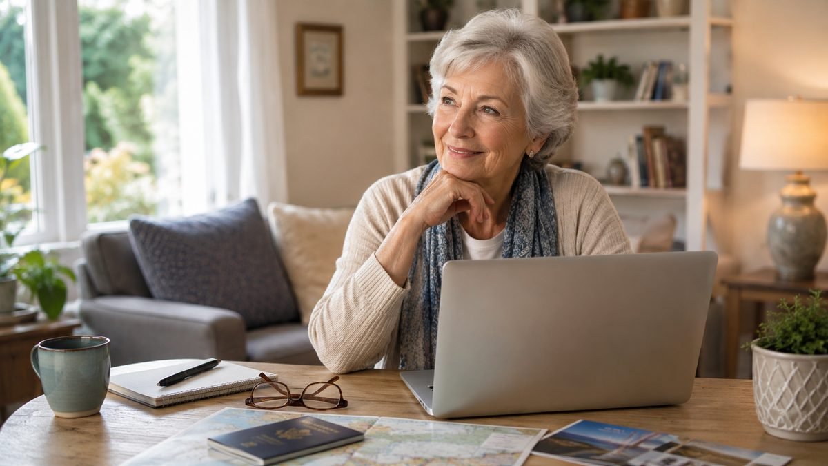 Older woman sitting at a table with a laptop, maps, and a passport, researching her first international trip in a warm, comfortable home setting.