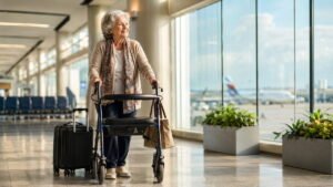 Older traveler using a rollator in a modern airport terminal while planning mobility-friendly travel after 50