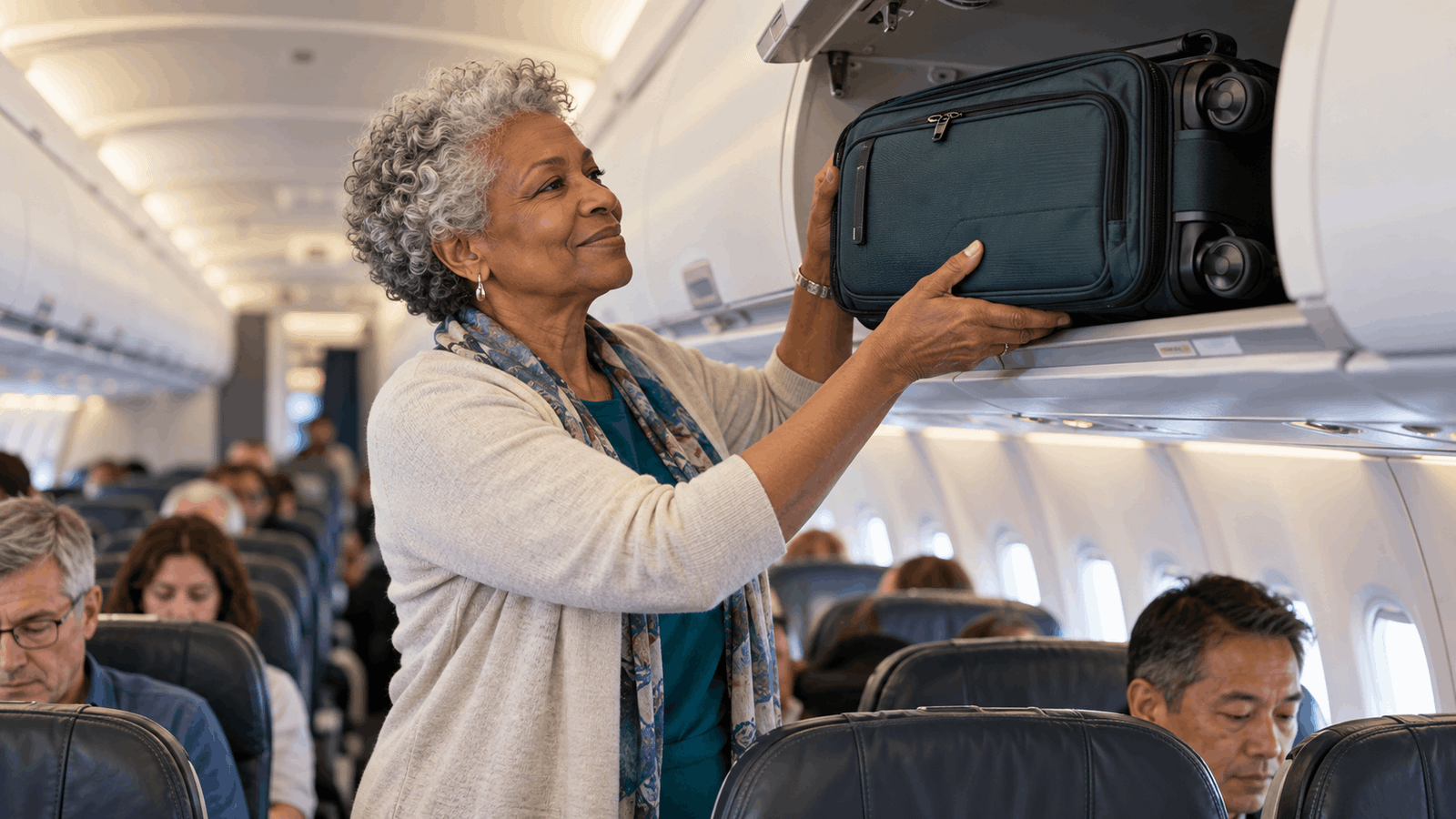 Senior traveler placing a soft-sided carry-on suitcase in an airplane overhead bin.