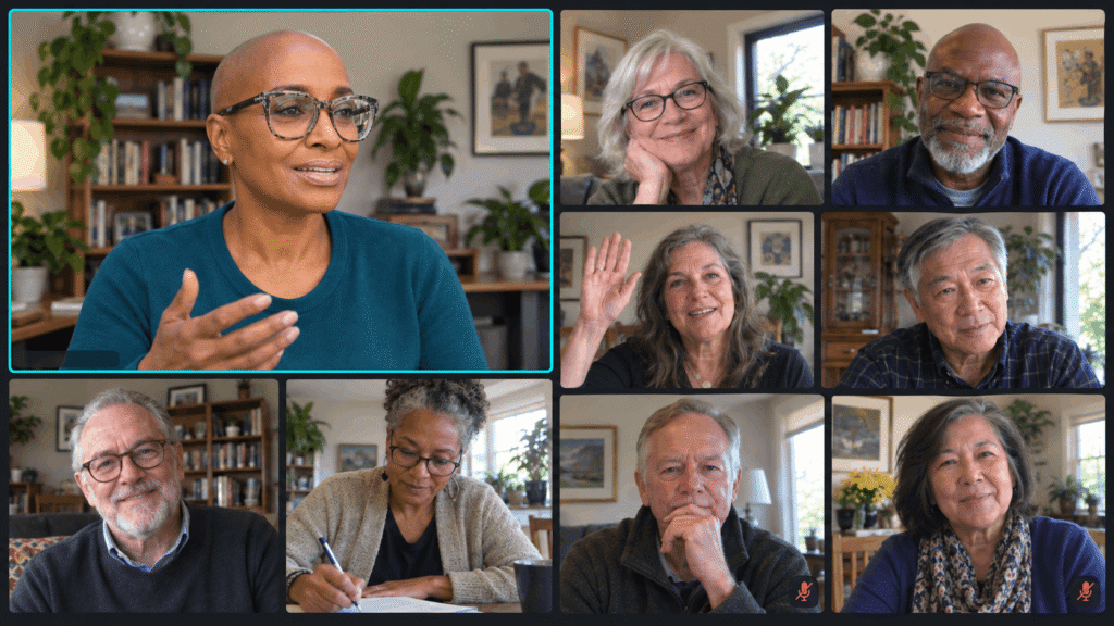 Host leading a lively virtual travel workshop with engaged older adults.