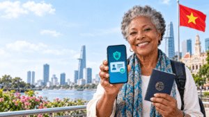 Older foreign traveler reviewing Vietnam VNeID information on a smartphone