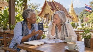 Two senior women discussing a Thailand visa-free stay, one holding a passport, with a Thai temple and flag behind them.
