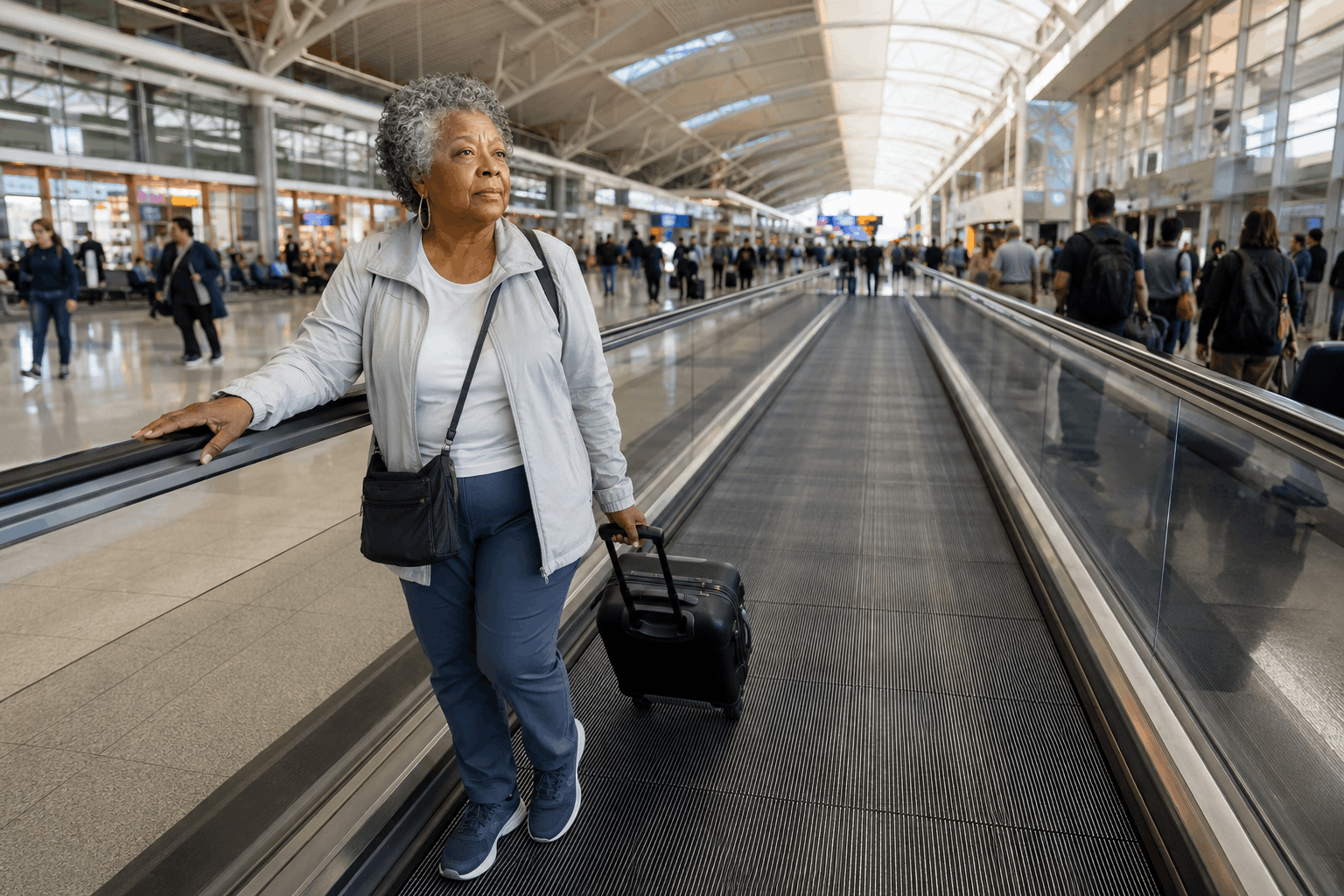 Senior woman using an airport moving walkway during travel after 50