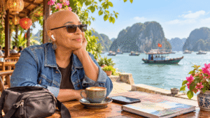 Mary Johnson enjoying coffee and planning her first week in Vietnam at a coastal café.