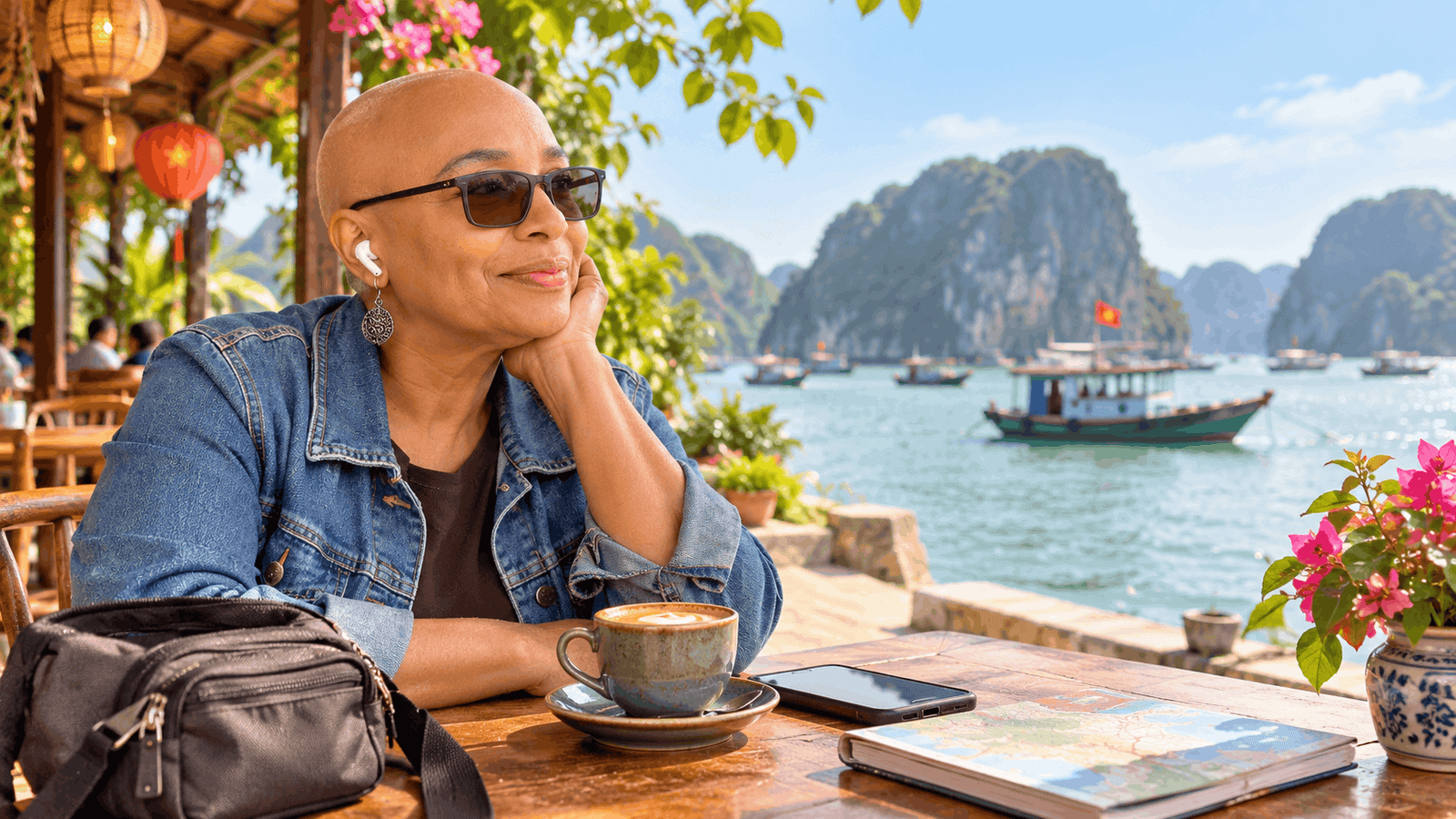 Mary Johnson enjoying coffee and planning her first week in Vietnam at a coastal café.