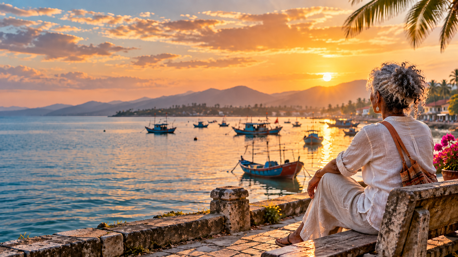 Older woman sitting on a waterfront bench overlooking fishing boats at sunrise, illustrating a new beginning abroad after 50.