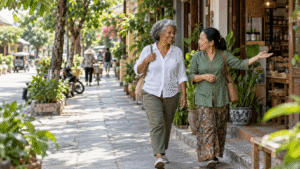 Traveler walking with a local guide down a Vietnam street, getting local support for moving abroad.